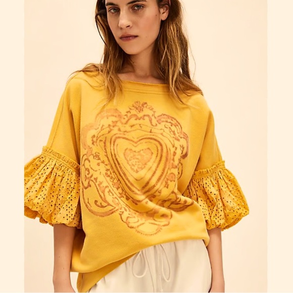 Doily Sweatshirt 
Free People
OVERSIZED
NWOT
COLOR - Mustard - Picture 1 of 8